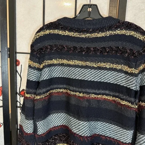 Tory Burch Sweater Stripe Metallic Merino Wool Alpaca Blend Danielle Navy Thick - Picture 6 of 11